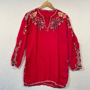 JOHNNY WAS Women’s Size PXS Red Embroidered Long Sleeve Tunic Top